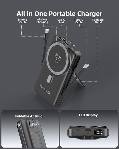 for Magsafe Magnetic Portable Charger, 10000mAh Wireless Power Bank with Built-in Cable & AC Wall Plug, Battery Pack PD 22.5W with Stand, LED Display for iPhone 17/16/15/14/13 Series, Samsung, Pixel