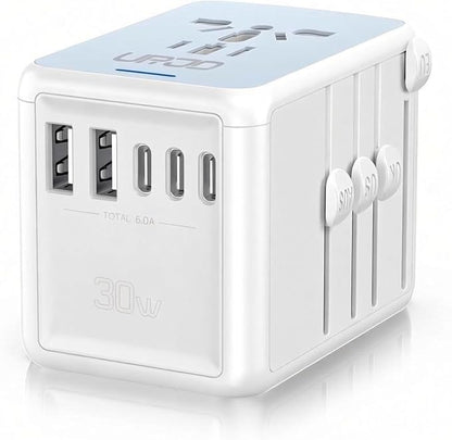 Universal Travel Adapter, 30W 5 USB C/A Ports & 2500W AC Outlet, White | International Power Adapter for Phone Tablet & All USB Devices, Multi Plugs 110V 220V A/C, for Europe UK US 200+ Countries