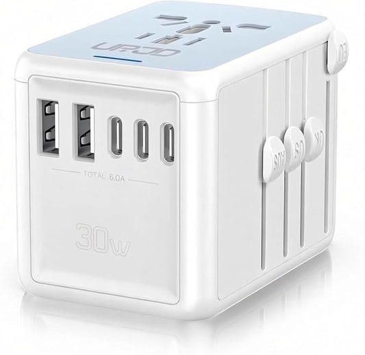 Universal Travel Adapter, 30W 5 USB C/A Ports & 2500W AC Outlet, White | International Power Adapter for Phone Tablet & All USB Devices, Multi Plugs 110V 220V A/C, for Europe UK US 200+ Countries
