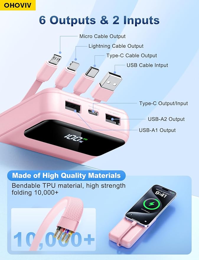Portable Charger Power Bank 50000mAh Battery Pack, 22.5W Fast Charging PowerBank with Built in Cables,Travel Essential USB-C Portable Phone Charger for iPhone Samsung Pixel Android iPad-Pink