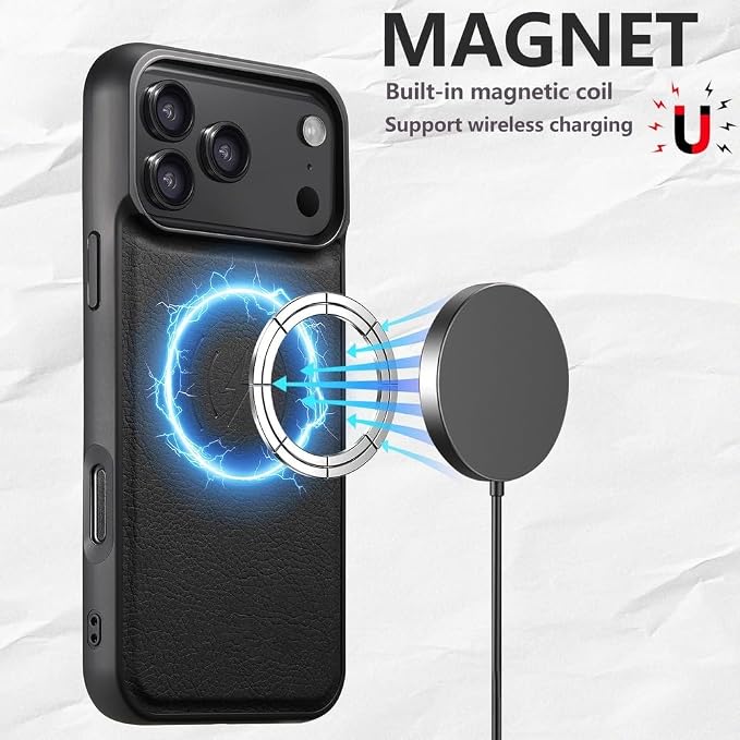 Leather Cover for iPhone 17 Pro Max/17 Pro/Air/17,Heavy Duty Protection Magnetic Wireless Charging Phone Case Retro Shockproof Business Style Shell (Air,Black)