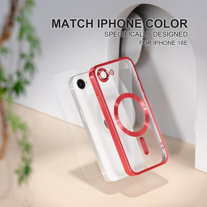 Misea Magnetic for iPhone 17e / 16e Case Compatible with MagSafe [Never Yellowing] [Military Grade Drop Protection] Full Camera Lens Protector Plating Soft Clear Phone Case for Women 6.1 inch, Red