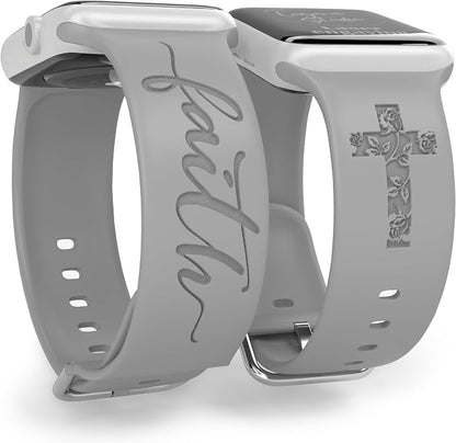 Faith with Cross Watch Band Compatible with Apple Watch Laser Engraved iWatch Band Silicone 38mm 40mm 41mm 42mm 44mm 45mm 46mm 49mm Strap Jesus Psalm Christian God Blessed (Grey, 38/40/41mm M/L)