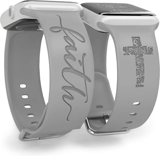 Faith with Cross Watch Band compatible with Apple Watch Laser Engraved iWatch Band Silicone 38mm 40mm 41mm 42mm 44mm 45mm 46mm 49mm Strap Jesus Psalm Christian God Blessed (Grey, 42/44/45/46/49mm M/L)