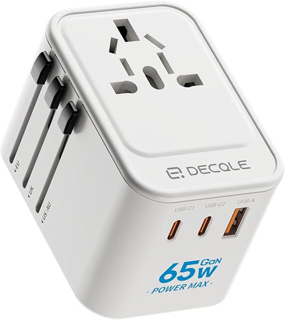 Universal Travel Adapter, 2 USB-C ＆ 1 USB-A, Cover 200+ Countries | GaN 65W, International Plug Adapter, All in One Portable Adapter, NOT A Voltage Converter, for USA, UK, EU, AU (White)