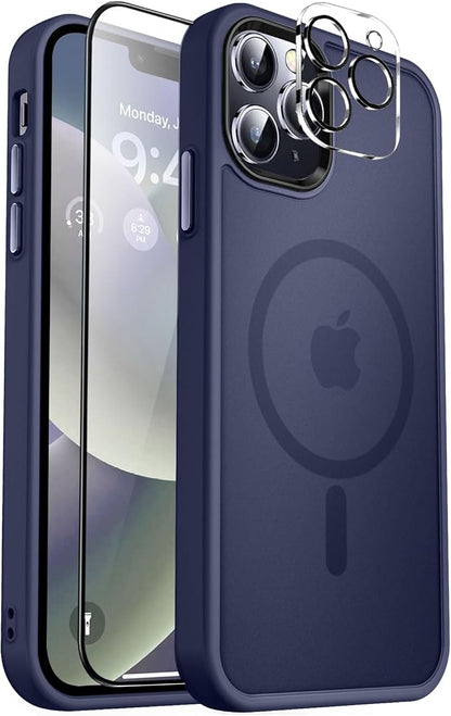 MOCCA Strong Magnetic for iPhone 12 Pro Max Case,[Compatible with Magsafe][Glass Screen Protector+Camera Lens Protector] Slim Thin Shockproof Cover Phone Case for iPhone 12 Pro Max 6.7", Deep Blue