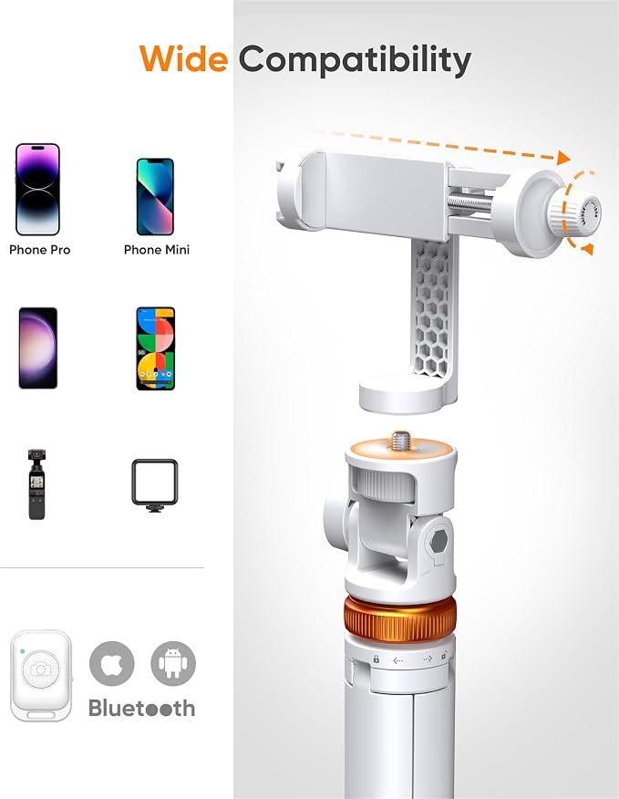 EUCOS 62" Tripod for iPhone, Sturdy Selfie Stick Tripod with Remote & Lightweight Phone Stand, Solidest Portable Cell Phone Tripod, Compatible iPhone Pro Max/Android [White]