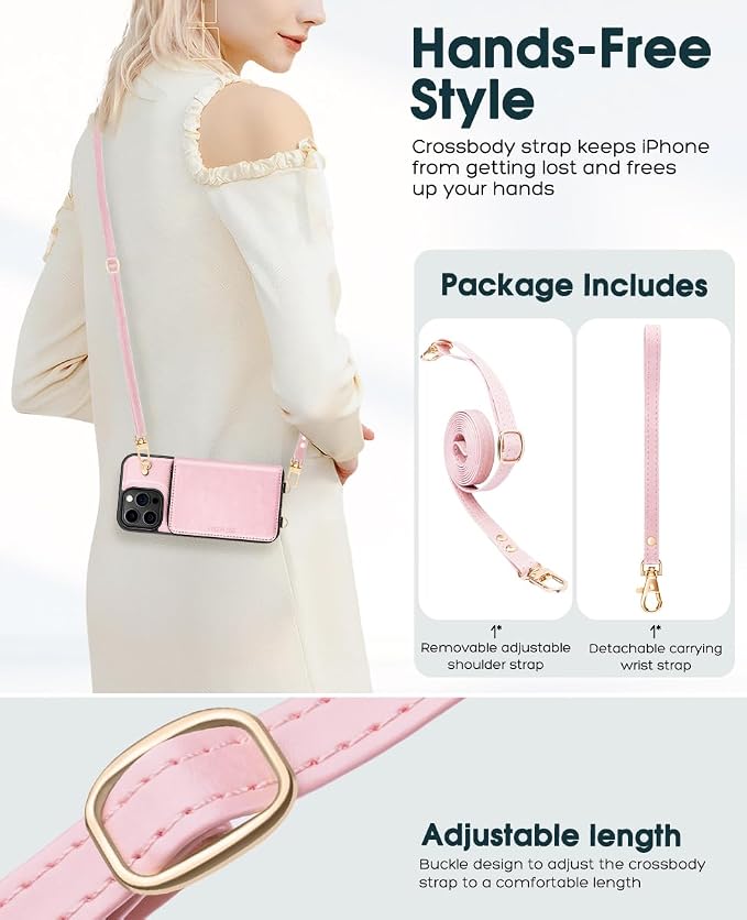 OCASE Compatible with iPhone 16 Pro Crossbody Wallet Case with Card Holder, PU Leather Zipper Handbag Phone Purse with RFID Blocking Kickstand Wrist Strap Lanyard 6.3 Inch, Pink