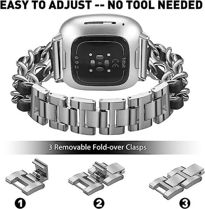 Stainless Steel Bands Compatible for Fitbit Versa 4/Fitbit Sense 2 Smartwatch With Bling Case Cover,Chic Leather Metal Wristband Accessories Strap for Women Bracelet (Silver, Versa 3/Sense)