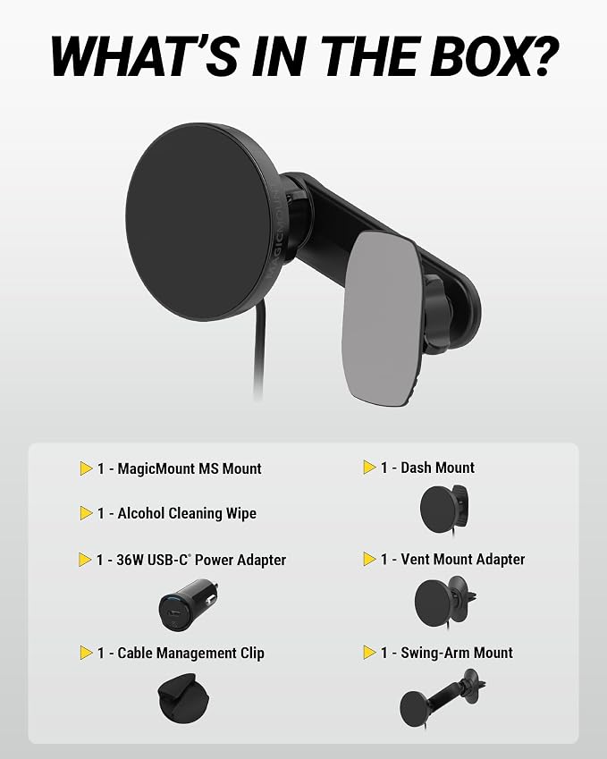 Scosche Qi2 MagSafe Car Mount Charger 25W Fast Wireless Phone Holder with 5-in-1 Mounting Options for Vent, Dashboard, Swing Arm, Back-of-Display, Compatible with iPhone 17/16/15/14/13 & Samsung S25