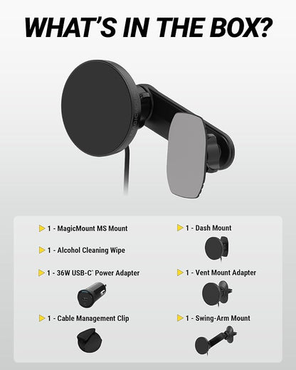 Scosche Qi2 MagSafe Car Mount Charger 25W Fast Wireless Phone Holder with 5-in-1 Mounting Options for Vent, Dashboard, Swing Arm, Back-of-Display, Compatible with iPhone 17/16/15/14/13 & Samsung S25