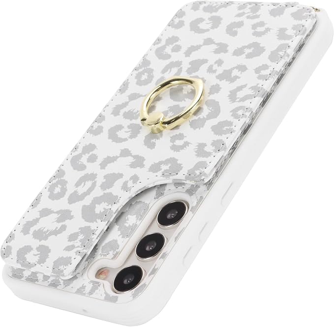 Lipvina for Samsung Galaxy S22 Case with Card Holder and Strap for Women,Crossbody Lanyard,RFID Blocking,Ring Stand,Snap Clasp,Cute Phone Wallet Cases 6.1 inch(White Leopard)