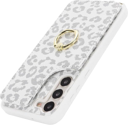 Lipvina for Samsung Galaxy S22 Case with Card Holder and Strap for Women,Crossbody Lanyard,RFID Blocking,Ring Stand,Snap Clasp,Cute Phone Wallet Cases 6.1 inch(White Leopard)