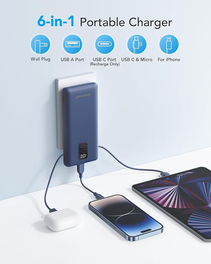 charmast Portable Charger with Built-in Cables and Plug, 10000mAh USB C Power Bank Fast Charging, External Battery Pack Slim, Travel Essentials Compatible with iPhones, Samsung Galaxy, iPad (Grey)