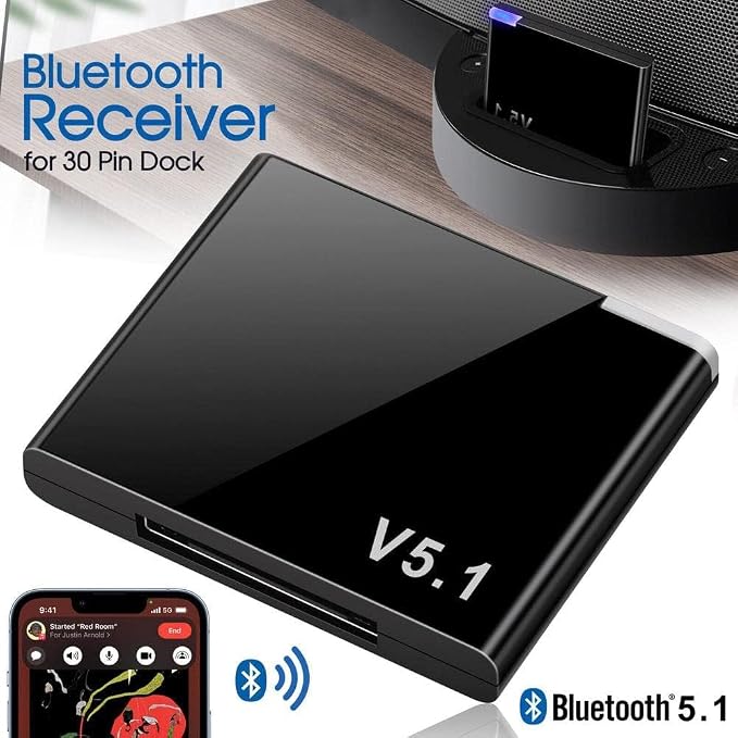 Bluetooth 5.1 30-Pin Dock Adapter, Wireless Audio Receiver for iPod iPhone Docking Stations, Black