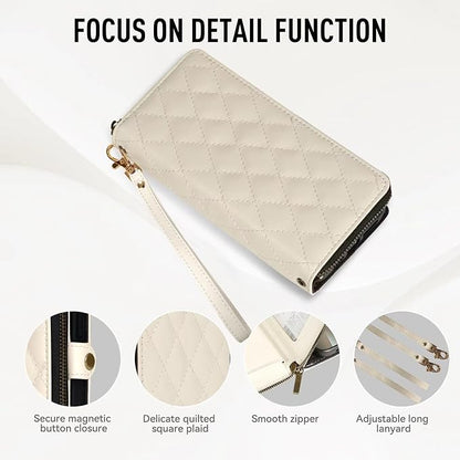 Rssviss Crossbody Case Wallet for iPhone 16 Pro, RFID Blocking Leather Case with Card Holder Kickstand, Handbag Zipper Flip Cover with Wrist Strap for iPhone 16 Pro Men Women 6.3", White