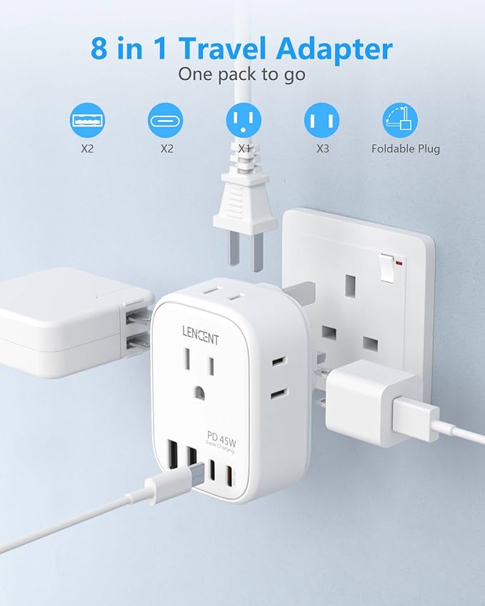 LENCENT US to UK Ireland Travel Plug Adapter, PD45W Grounded Type G Adapter | Travel Adapter with 4 Outlets 4 USB Ports(2 USB C), Power Plug for US to Dubai Scotland British London England Singapore