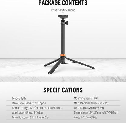 NEEWER Basics 59" Selfie Stick Tripod Compatible with iPhone DLSR Canon Sony Camera, Small Metal Portable Travel Desk Stand for Video Recording Filming, TS04