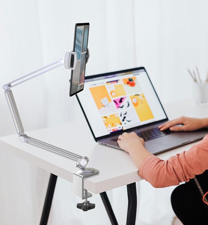 KABCON Tablet Stand-Holder Mount with Grip Extended Long Arm,Compatible with iPad Pro Mini Air,Galaxy Tabs,Microsoft Surface Pro Go,4-13''Cell Phones & Tablets for Table Bed Desk