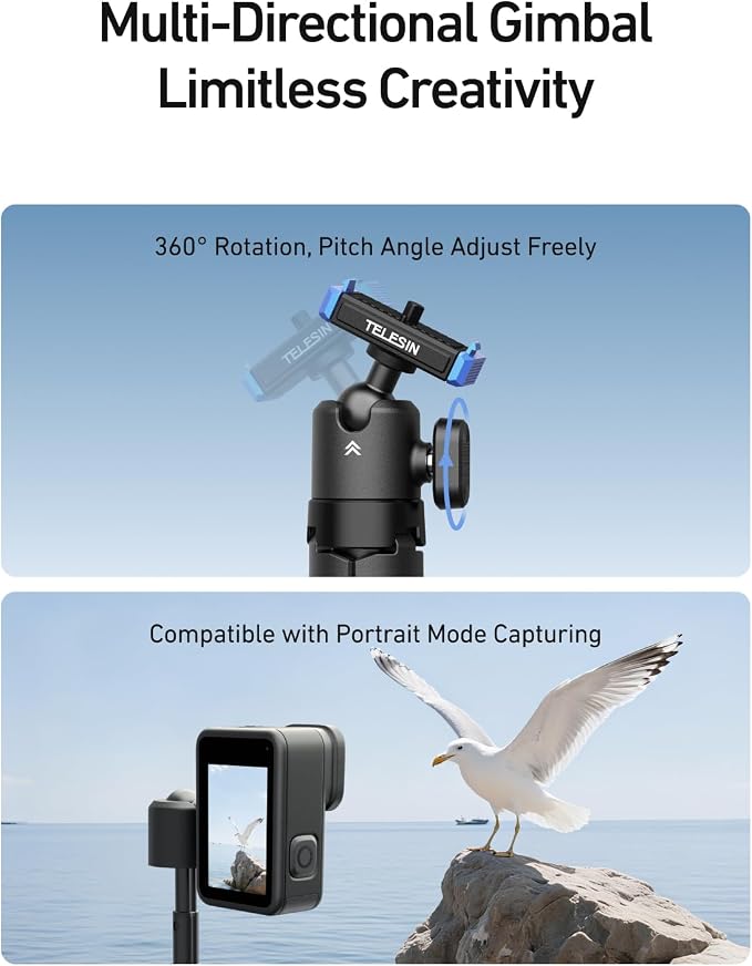 TELESIN 40cm/15.7'' Mini Selfie Stick Tripod Compatible with Gopro 13 Action Camera, Magnetic Quick Release Selfie Handle Grip,360° Adjustable Portable Extension Monopod for Go Pro Hero 13 Accessories