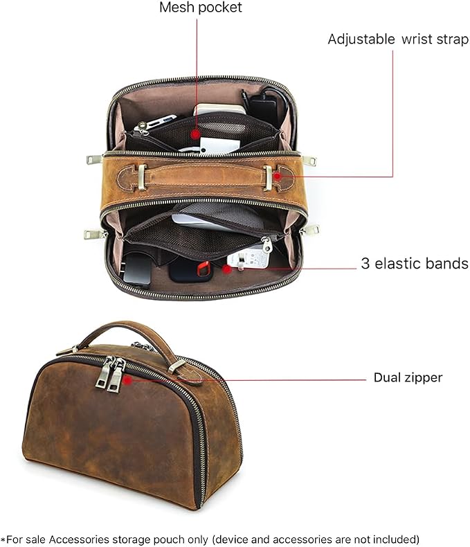 CONTACTS Full Grain Leather Tech Organizer Travel Case for Electronics Accessories Portable Cable Organizer Pouch with Handle, Storage Bag for Charger, Cables, Power Bank, Mouse