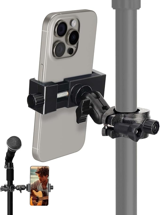 Mic Stand Phone Holder, Phone Holder Mount for Microphone Stand, Music Stand, Guitar Drums, Phone Clamp for iPhone 15 14 13 12 11 Plus Pro Max Mini Samsung Galaxy S24 S23 Ultra Google Pixel 8 7