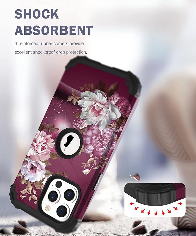 Hocase for iPhone 13 Pro Case, Heavy Duty Shockproof Protection Soft Silicone Rubber+Hard Plastic Bumpers Hybrid Protective Case for iPhone 13 Pro 6.1" 2021 - Royal Purple Flowers