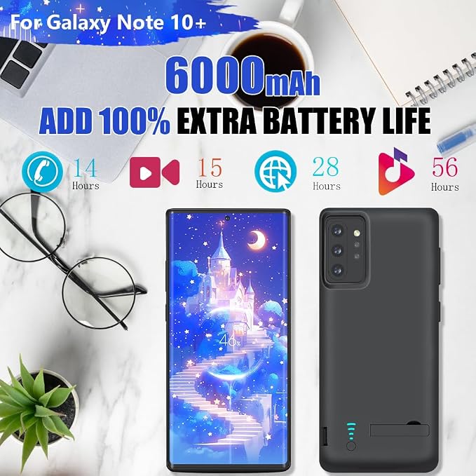 Battery Case for Samsung Galaxy Note 10+ Plus 5G, 6000mAh Rechargeable Extended Battery Charging Charger Case, Add 100% Extra Juice Black