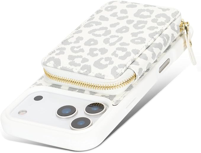 Crossbody Wallet Case for iPhone 17 Pro, PU Leather Zipper Handbag Purse Flip Cover, Kickstand Folio Case with Card Slots Holder Wrist Strap Lanyard 5G 6.3 Inch-White Leopard