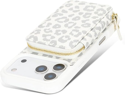 Crossbody Wallet Case for iPhone 17 Pro Max, PU Leather Zipper Handbag Purse Flip Cover, Kickstand Folio Case with Card Slots Holder Wrist Strap Lanyard 5G 6.9 Inch-White Leopard