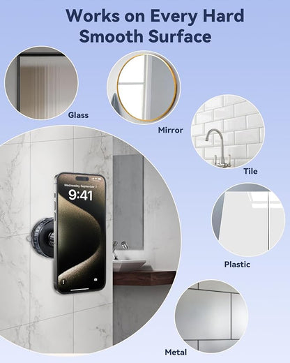Vacuum Suction Cup Phone Mount,Hands-Free Magnetic Shower Cell Phone Holder,Adjustable Phone Suction Grip for Mirror/Car Dashboard/Gym,Compatible with MagSafe iPhone 16/15/14/13/12 (T26)