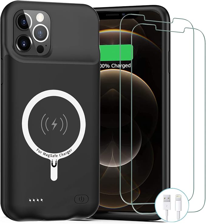 Battery Case for iPhone 12 Pro Max,12000mAh Rechargeable Portable Charging Case with Wireless Charging Compatible for iPhone 12 Pro Max (6.7 inch) with Carplay Extend Battery Charger Pack Case (Black)