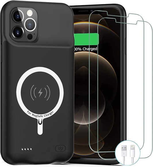 Battery Case for iPhone 12 Pro Max,12000mAh Rechargeable Portable Charging Case with Wireless Charging Compatible for iPhone 12 Pro Max (6.7 inch) with Carplay Extend Battery Charger Pack Case (Black)