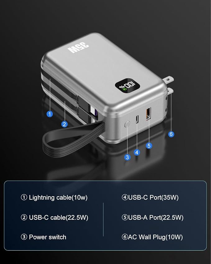 27000mAh Portable Charger with Wall Plug, 35W Fast Charging Power Bank Built-in Cables,4 Ports TSA-Approved Travel Essentials Charging Battery Bank (Space Gray)