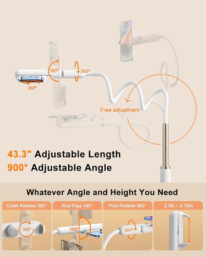 Gooseneck Phone Holder for Bed, Universal Cell Phone Stand with Clamp Mount, 900° Rotation Overhead Phone Mount with Flexible Long Arm for Bedside,Headboard,Desk (43.3 Inches Length)