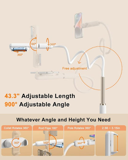 Gooseneck Phone Holder for Bed, Universal Cell Phone Stand with Clamp Mount, 900° Rotation Overhead Phone Mount with Flexible Long Arm for Bedside,Headboard,Desk (43.3 Inches Length)