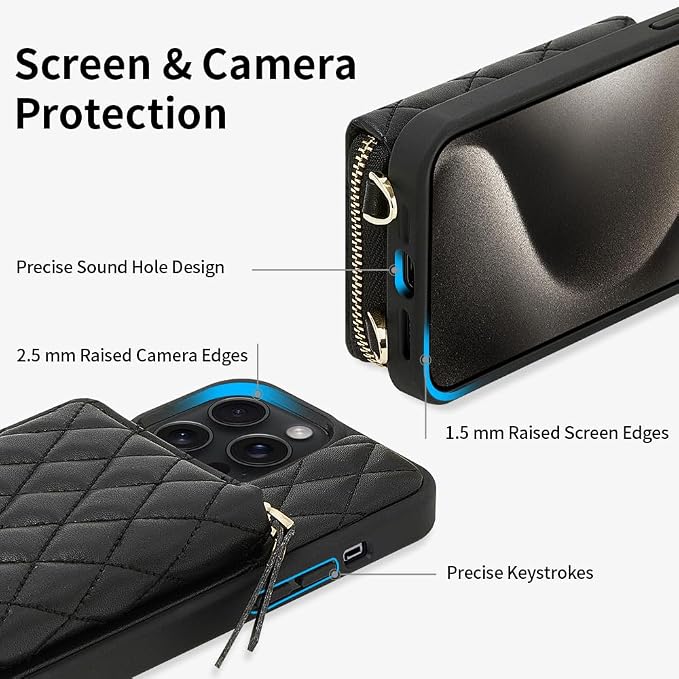 LAMEEKU for iPhone 15 Pro Case Wallet, Crossbody Wallet Purse with Card Holder, Quilted Leather Zipper Wrist Strap RFID Blocking Cover for Women for iPhone 15 Pro 6.1" Black