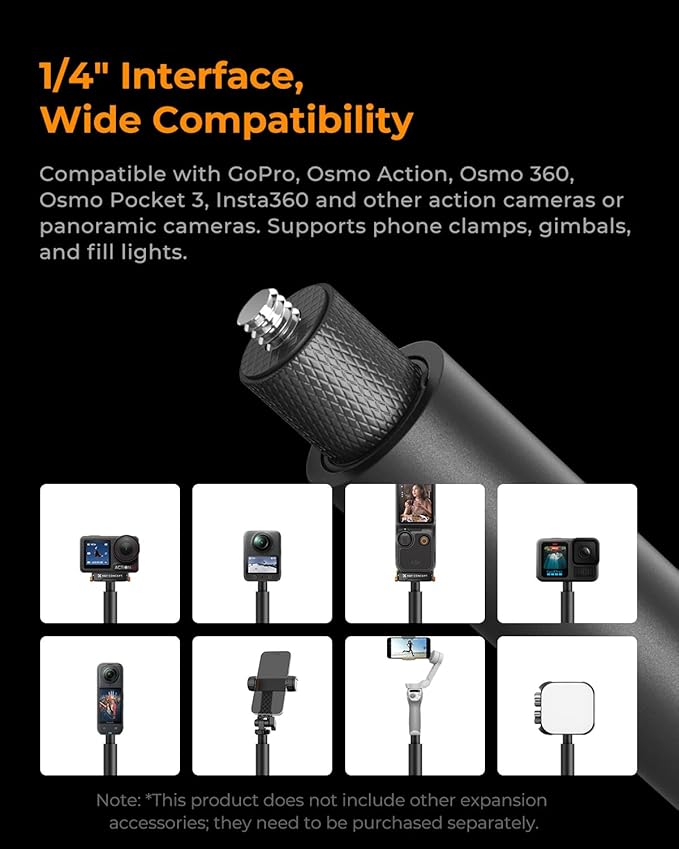 K&F CONCEPT 60inch/153cm Invisible Selfie Stick, Extension Long Pole Compatible with Insta360 X5/X4/X3 GoPro Hero 13/12/11 DJI OSMO Action 3/4/5/6 360 Pocket 3, 1/4" Extended Monopod with Adapter
