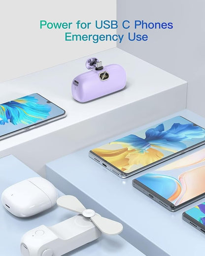 Kuulaa Portable Charger USB C with Built-in USB-C Plug, 5000mAh PD20W Fast Charging Power Bank, LCD Digital Display Battery Pack for iPhone 15/16/17,Samsung S22/S23 & Android (Purple)