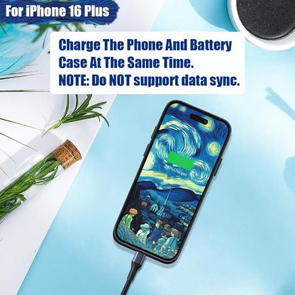 Battery Case for iPhone 16 Plus, 6000mAh Rechargeable Extended Battery Charging/Charger Case, Add 100% Extra Juice (6.7 Inches) Black