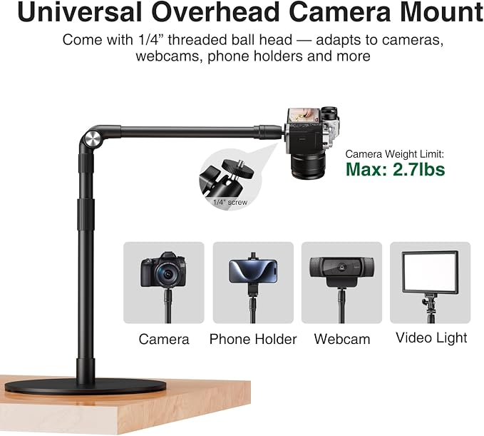 elitehood Overhead Phone Mount with Light for Video Recording, Adjustable Desk Ring Light with Stand and Phone Holder, Heavy Duty Overhead Camera Mount Tripod for iPhone Cooking Video, Filming Meeting