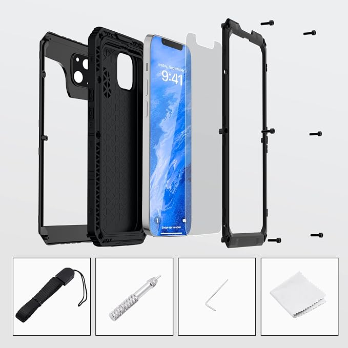 Mitywah Waterproof Case for iPhone 14 Plus, Heavy Duty Shockproof Case with Built-in Screen Protector, Full Body Underwater Protective Metal Case 6.7 inch, Black