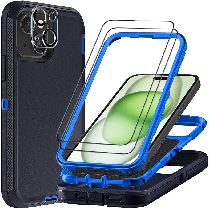 for iPhone 15 Plus Case with 2Pcs Tempered Glass Screen Protector and 1Pcs Camera Lens Protector, Military Grade 3 in 1 Heavy Duty Shockproof/Drop Proof/Dust Proof Case (Navy Blue)