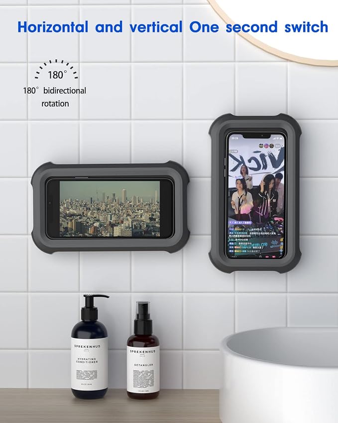 Mistriddle Waterproof Shower Phone Holder with 360° Rotation, Angle Adjustable, Wall Mounted Phone Holder for Bathroom Mirror Bathtub Kitchen, Up to 6.8 Inch (Black)