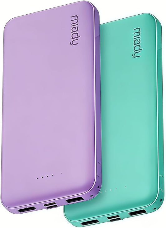 Miady 2-Pack Portable Charger, Slim 10000mAh Power Bank Travel Battery Pack | Dual USB丨3 Outputs 2 Inputs丨for Backpack Travel Camping丨Slim丨Compatible with iPhone Android etc丨Flight-Safe丨37Wh丨Green+Purple