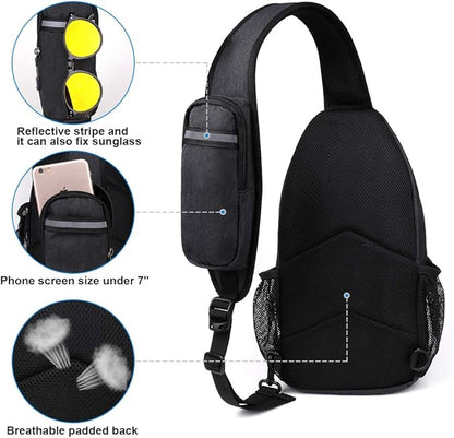 WATERFLY Crossbody Sling Backpack Sling Bag Travel Hiking Chest Bag Daypack (Black)