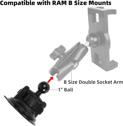Suction Cup Mount Base with 1" Ball for RAM Mounts, Compatible with RAM B Size Double Socket Arm and 1 inch Ball Phone Holder