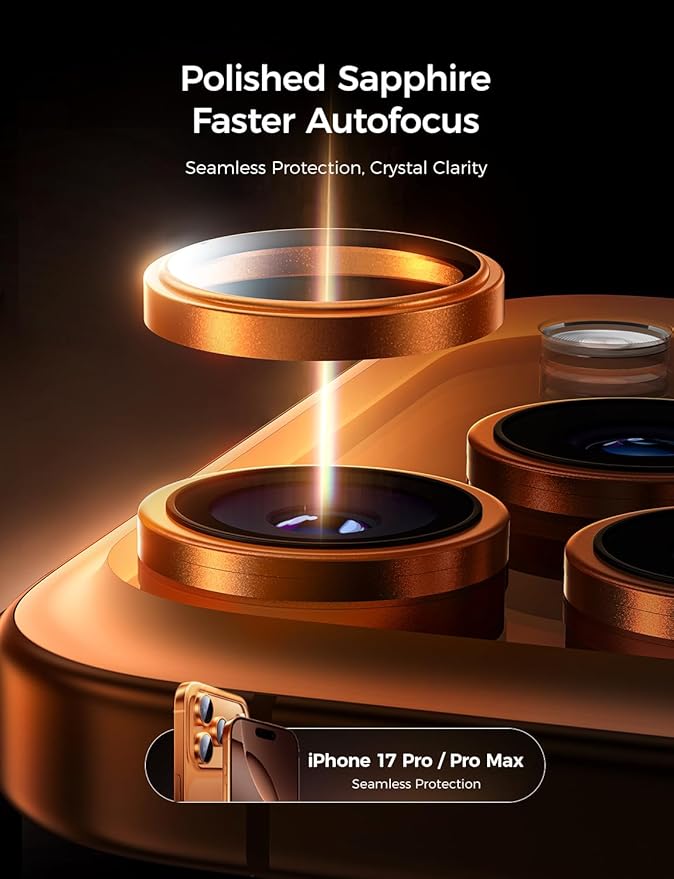 MAGIC JOHN for iPhone 17 Pro Max/17 Pro Camera Lens Protector [Alignment Kit&1:1 Invisible Fit] 9H Aerospace Tempered Glass, Ultra HD, Metal Individual Ring, Set of 2,Orange