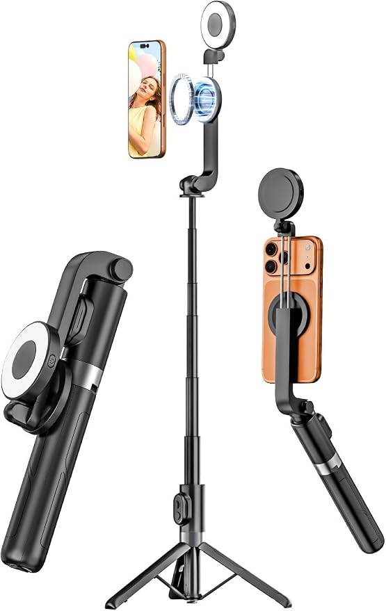 USKEYVISION Magnetic Selfie Stick Tripod with Light & Remote, Phone Tripod with Magnetic Holder for Magsafe, 360° Rotatable Cellphone Stand for iPhone/Android for Video Recording, Vlogging(SPT-02)