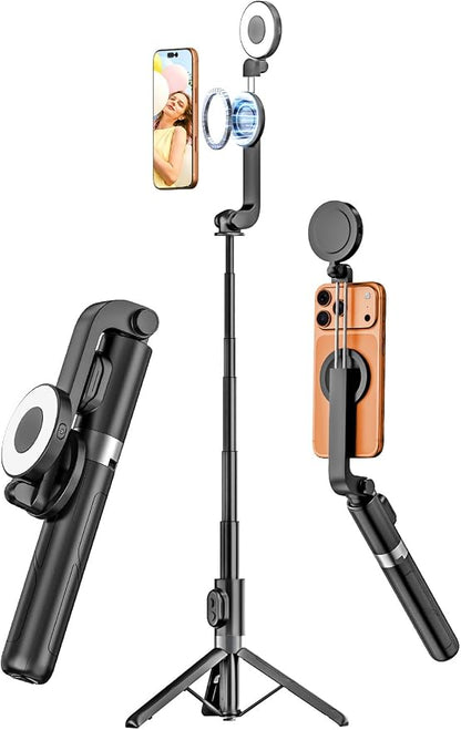 USKEYVISION Magnetic Selfie Stick Tripod with Light & Remote, Phone Tripod with Magnetic Holder for Magsafe, 360° Rotatable Cellphone Stand for iPhone/Android for Video Recording, Vlogging(SPT-02)